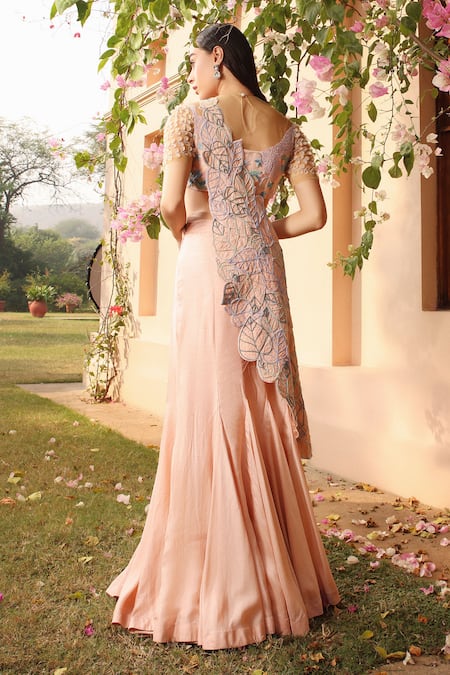 Shweta Aggarwal 3D Leaves Embroidered Sash & Concept Skirt Saree Set 