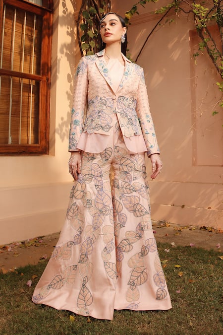 Shweta Aggarwal Pink Organza, Satin, Denim, Silk Beads, Embroidery 3d Leaves Blazer Sharara Set Online at Aza Fashions Shweta Aggarwal_Pink Organza, Satin, Denim, Silk Beads, Embroidery 3d Leaves Blazer Sharara Set _Online_at_Aza_Fashions