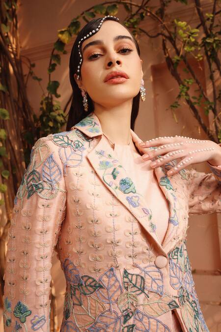 Buy Shweta Aggarwal Pink Organza, Satin, Denim, Silk Beads, Embroidery 3d Leaves Blazer Sharara Set Online at Aza Fashions Buy_Shweta Aggarwal_Pink Organza, Satin, Denim, Silk Beads, Embroidery 3d Leaves Blazer Sharara Set _Online_at_Aza_Fashions