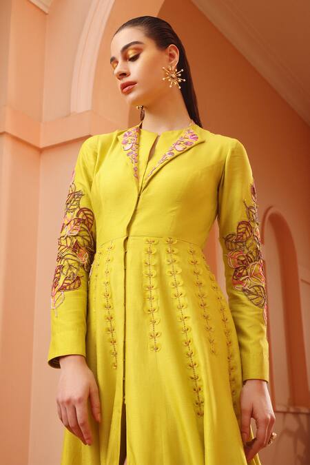 Buy_Shweta Aggarwal_Green Satin, Muslin Embroidery Collared 3d Petal Anarkali _Online_at_Aza_Fashions