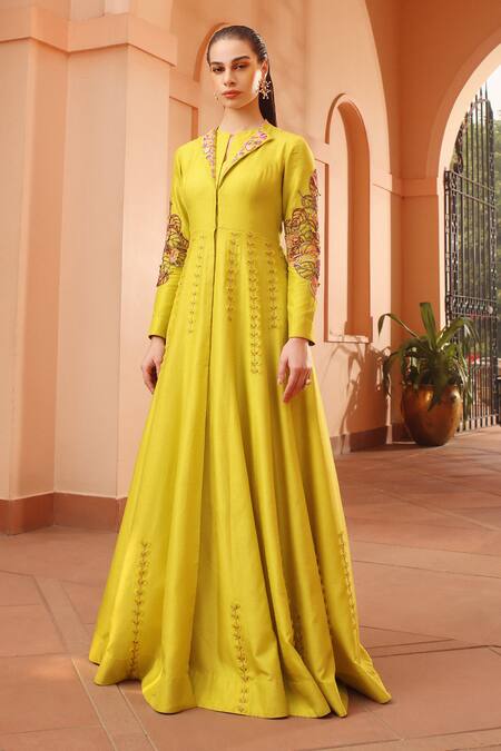 Shop_Shweta Aggarwal_Green Satin, Muslin Embroidery Collared 3d Petal Anarkali _Online_at_Aza_Fashions