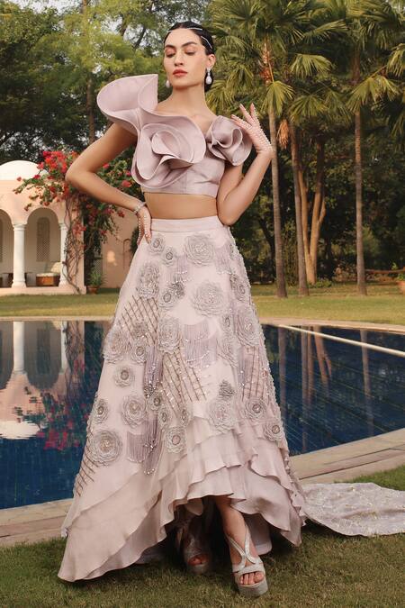 Shweta Aggarwal Grey Net, Tissue, Silk Sequins, Ruffled Blouse With Rosette Embroidered Skirt Online at Aza Fashions Shweta Aggarwal_Grey Net, Tissue, Silk Sequins, Ruffled Blouse With Rosette Embroidered Skirt _Online_at_Aza_Fashions
