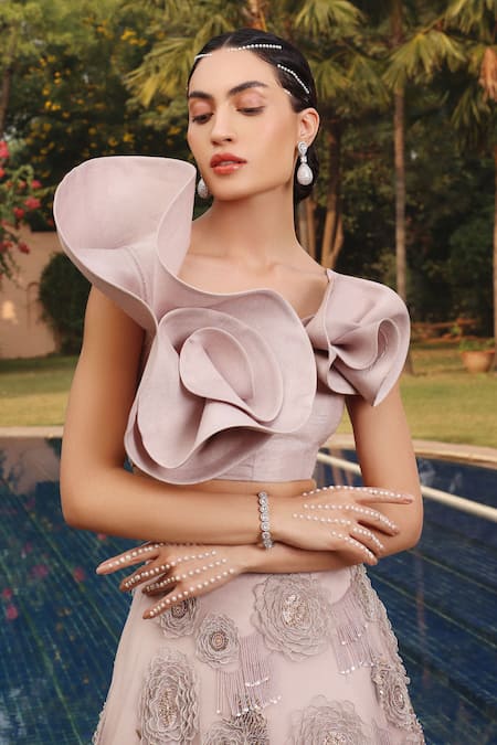 Buy Shweta Aggarwal Grey Net, Tissue, Silk Sequins, Ruffled Blouse With Rosette Embroidered Skirt Online at Aza Fashions Buy_Shweta Aggarwal_Grey Net, Tissue, Silk Sequins, Ruffled Blouse With Rosette Embroidered Skirt _Online_at_Aza_Fashions