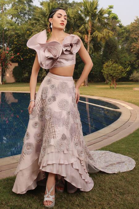 Shop Shweta Aggarwal Grey Net, Tissue, Silk Sequins, Ruffled Blouse With Rosette Embroidered Skirt Online at Aza Fashions Shop_Shweta Aggarwal_Grey Net, Tissue, Silk Sequins, Ruffled Blouse With Rosette Embroidered Skirt _Online_at_Aza_Fashions