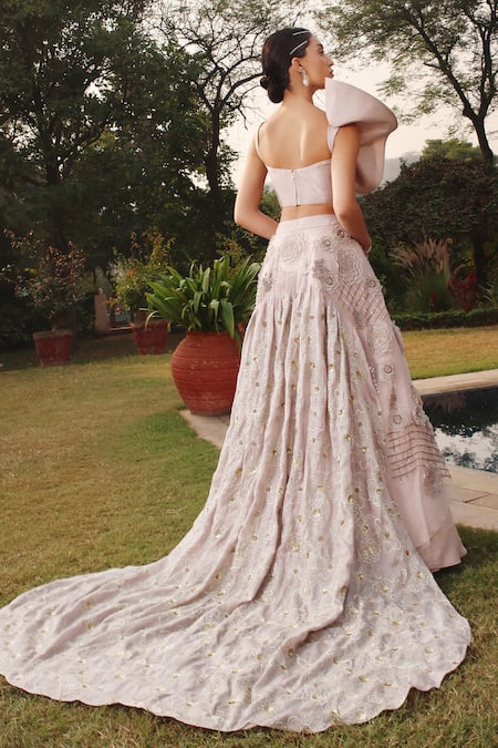 Shweta Aggarwal Ruffled Blouse With Rosette Embroidered Skirt 