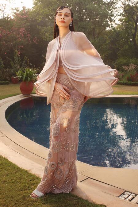 Shweta Aggarwal Grey Silk, Organza Beads, Sequins Exaggerated Abstract Cape Bejewelled Pant Set Online at Aza Fashions Shweta Aggarwal_Grey Silk, Organza Beads, Sequins Exaggerated Abstract Cape Bejewelled Pant Set _Online_at_Aza_Fashions