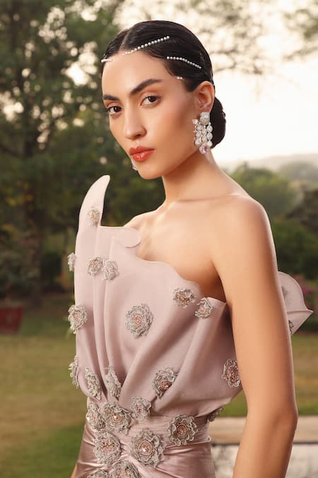 Shweta Aggarwal_Grey Organza, Satin Sequins, Beads 3d Flower Embroidered Structured Gown _Online_at_Aza_Fashions