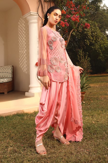 Shweta Aggarwal Pink Georgette, Kota Doria, Satin Beads, Fabric 3d Kurta Cowl Pant Set Online at Aza Fashions Shweta Aggarwal_Pink Georgette, Kota Doria, Satin Beads, Fabric 3d Kurta Cowl Pant Set _Online_at_Aza_Fashions