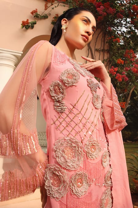 Buy Shweta Aggarwal Pink Georgette, Kota Doria, Satin Beads, Fabric 3d Kurta Cowl Pant Set Online at Aza Fashions Buy_Shweta Aggarwal_Pink Georgette, Kota Doria, Satin Beads, Fabric 3d Kurta Cowl Pant Set _Online_at_Aza_Fashions