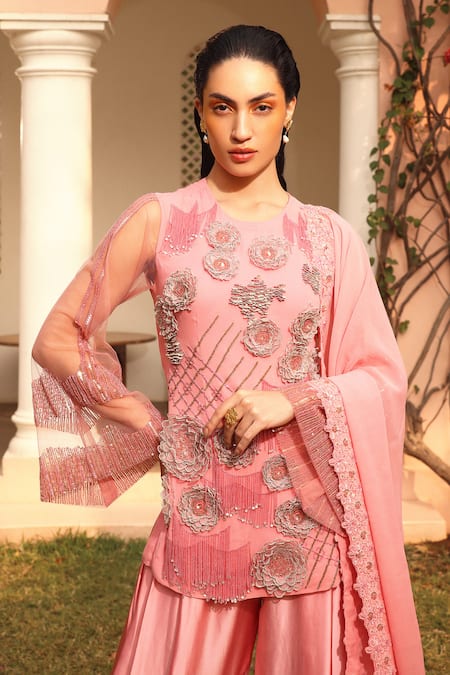 Shop Shweta Aggarwal Pink Georgette, Kota Doria, Satin Beads, Fabric 3d Kurta Cowl Pant Set Online at Aza Fashions Shop_Shweta Aggarwal_Pink Georgette, Kota Doria, Satin Beads, Fabric 3d Kurta Cowl Pant Set _Online_at_Aza_Fashions