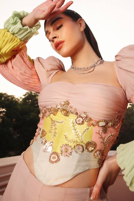 Shweta Aggarwal_Multi Color Organza, Chanderi, Georgette Embroidery, Block Top With Sharara _Online_at_Aza_Fashions