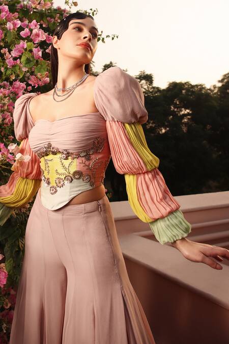 Buy_Shweta Aggarwal_Multi Color Organza, Chanderi, Georgette Embroidery, Block Top With Sharara _Online_at_Aza_Fashions