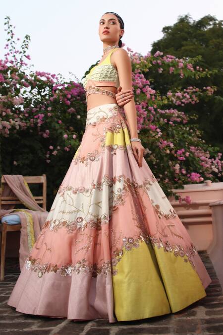 Shweta Aggarwal_Multi Color Organza, Chanderi, Georgette Block Floral Embroidered Lehenga Set _Online_at_Aza_Fashions