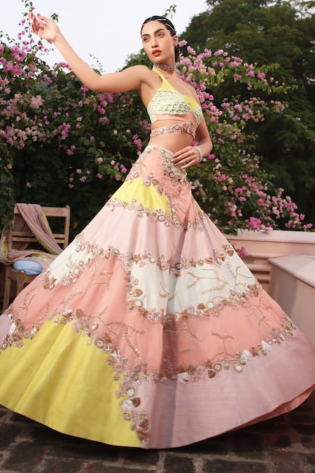 Shweta Aggarwal Color Block Floral Embroidered Lehenga Set 