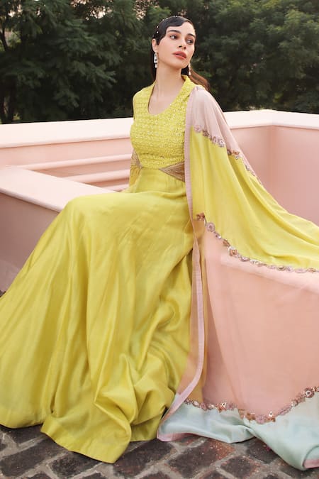 Buy_Shweta Aggarwal_Yellow Organza, Net, Chanderi, Hand Embroidered Bodice Anarkali With Dupatta _Online_at_Aza_Fashions