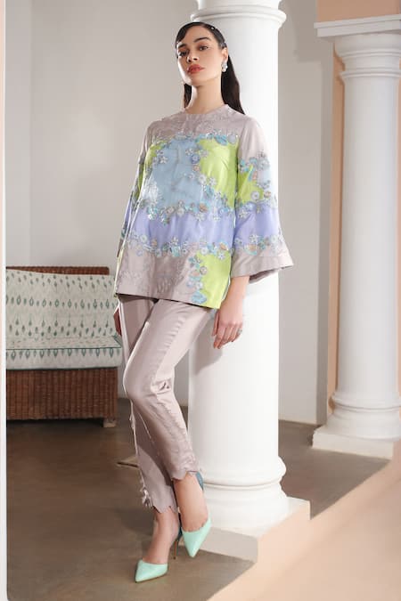 Shweta Aggarwal Multi Color Organza, Muslin Beads, Floral Hand Embroidered Tunic With Pant Online at Aza Fashions Shweta Aggarwal_Multi Color Organza, Muslin Beads, Floral Hand Embroidered Tunic With Pant_Online_at_Aza_Fashions