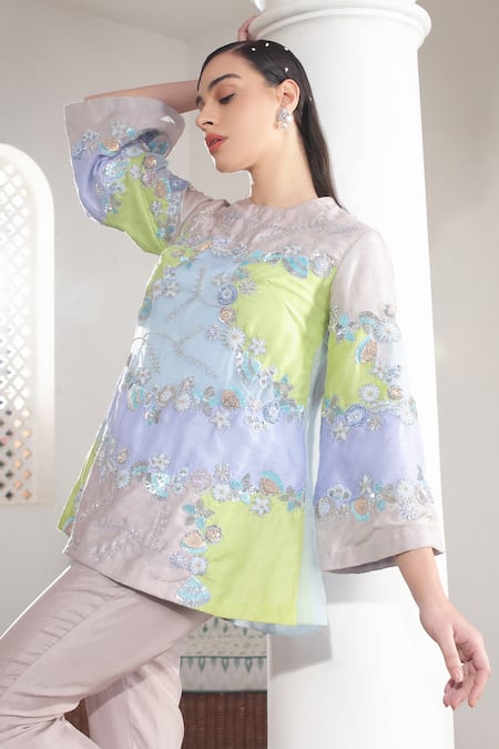 Buy Shweta Aggarwal Multi Color Organza, Muslin Beads, Floral Hand Embroidered Tunic With Pant Online at Aza Fashions Buy_Shweta Aggarwal_Multi Color Organza, Muslin Beads, Floral Hand Embroidered Tunic With Pant_Online_at_Aza_Fashions
