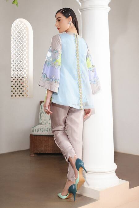Shop Shweta Aggarwal Multi Color Organza, Muslin Beads, Floral Hand Embroidered Tunic With Pant at Aza Fashions Shop_Shweta Aggarwal_Multi Color Organza, Muslin Beads, Floral Hand Embroidered Tunic With Pant_at_Aza_Fashions