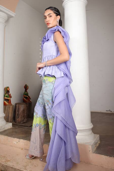 Buy_Shweta Aggarwal_Blue Organza, Satin Embroidery, Sequins Asymmetric Ruffled Top With Pant _Online_at_Aza_Fashions