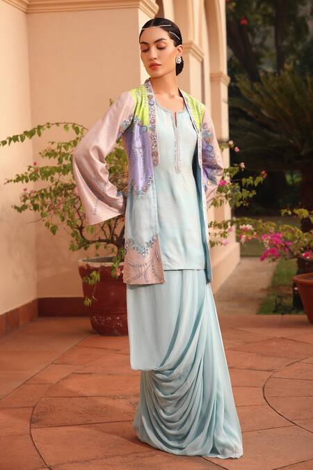 Shweta Aggarwal_Blue Organza, Georgette Sequins, Color Block Embroidered Jacket Draped Skirt _Online_at_Aza_Fashions
