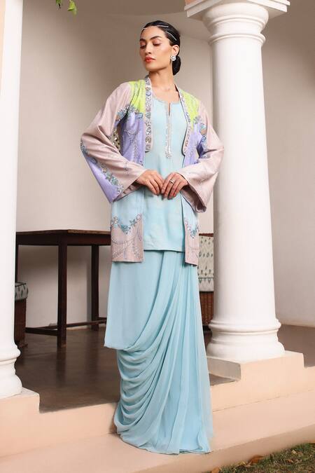 Buy_Shweta Aggarwal_Blue Organza, Georgette Sequins, Color Block Embroidered Jacket Draped Skirt _Online_at_Aza_Fashions