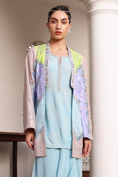Shop_Shweta Aggarwal_Blue Organza, Georgette Sequins, Color Block Embroidered Jacket Draped Skirt _Online_at_Aza_Fashions