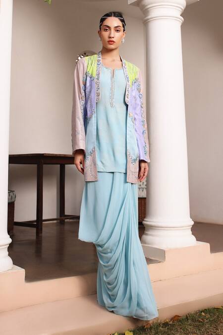 Shweta Aggarwal_Blue Organza, Georgette Sequins, Color Block Embroidered Jacket Draped Skirt _at_Aza_Fashions