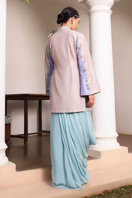 Shweta Aggarwal Color Block Embroidered Jacket Draped Skirt 
