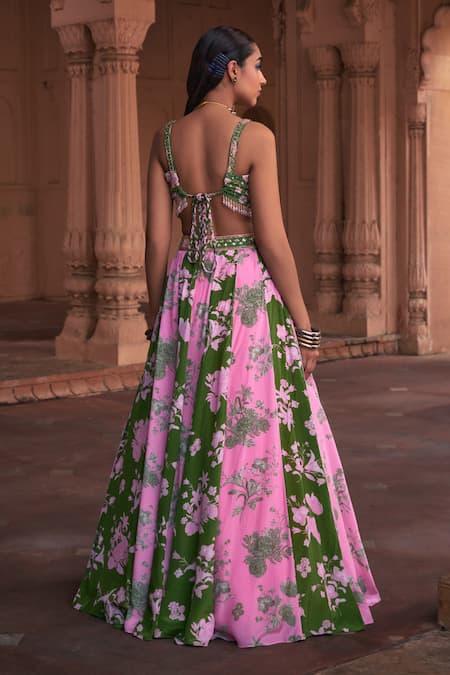 Shop Diyarajvvir Green Crepe, Georgette, Linen Embroidery, Floral Print Blouse Lehenga Set at Aza Fashions Shop_Diyarajvvir_Green Crepe, Georgette, Linen Embroidery, Floral Print Blouse Lehenga Set _at_Aza_Fashions