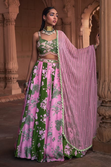 Diyarajvvir Green Crepe, Georgette, Linen Embroidery, Floral Print Blouse Lehenga Set Online at Aza Fashions Diyarajvvir_Green Crepe, Georgette, Linen Embroidery, Floral Print Blouse Lehenga Set _Online_at_Aza_Fashions
