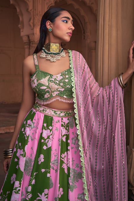 Buy Diyarajvvir Green Crepe, Georgette, Linen Embroidery, Floral Print Blouse Lehenga Set Online at Aza Fashions Buy_Diyarajvvir_Green Crepe, Georgette, Linen Embroidery, Floral Print Blouse Lehenga Set _Online_at_Aza_Fashions