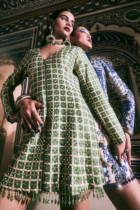 Shop_Diyarajvvir_Green Embroidery, Mirrors V-neck Grid Print Blazer Dress _at_Aza_Fashions