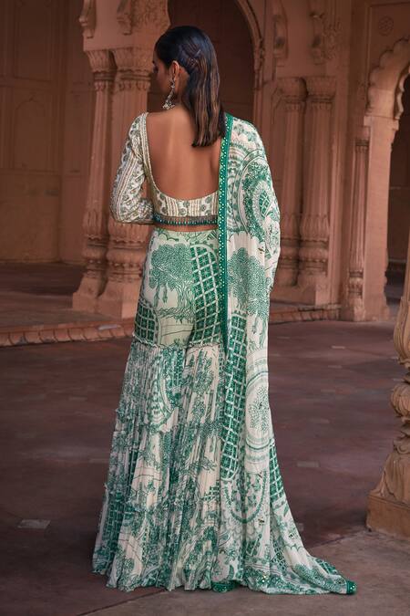 Shop Diyarajvvir Green Crepe, Georgette Sequins, Embroidery Thikri Print Blouse Gharara Set at Aza Fashions Shop_Diyarajvvir_Green Crepe, Georgette Sequins, Embroidery Thikri Print Blouse Gharara Set _at_Aza_Fashions