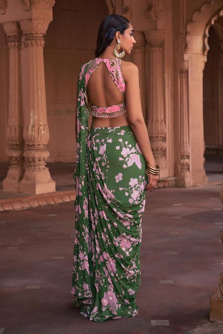 Shop Diyarajvvir Green Crepe, Georgette Sequins, Floral Print Pre-draped Skirt Saree With Blouse at Aza Fashions Shop_Diyarajvvir_Green Crepe, Georgette Sequins, Floral Print Pre-draped Skirt Saree With Blouse _at_Aza_Fashions