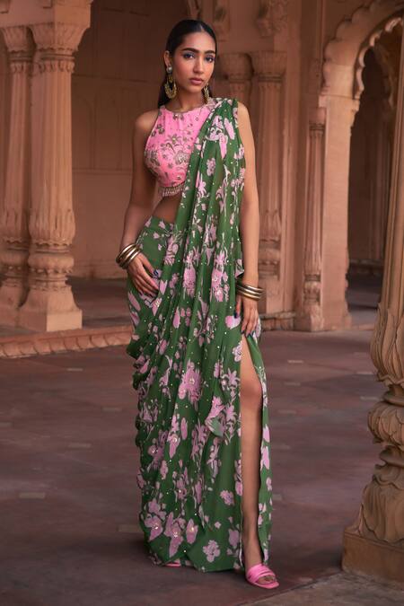 Diyarajvvir Green Crepe, Georgette Sequins, Floral Print Pre-draped Skirt Saree With Blouse Online at Aza Fashions Diyarajvvir_Green Crepe, Georgette Sequins, Floral Print Pre-draped Skirt Saree With Blouse _Online_at_Aza_Fashions
