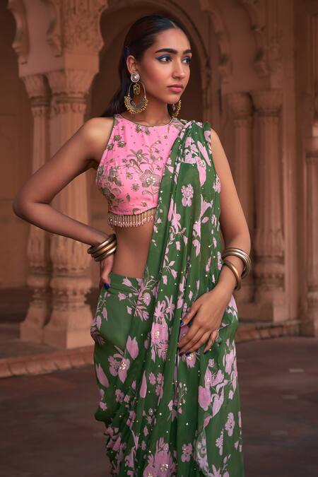 Buy Diyarajvvir Green Crepe, Georgette Sequins, Floral Print Pre-draped Skirt Saree With Blouse Online at Aza Fashions Buy_Diyarajvvir_Green Crepe, Georgette Sequins, Floral Print Pre-draped Skirt Saree With Blouse _Online_at_Aza_Fashions