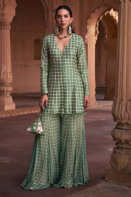 DiyaRajvvir Green Dola Silk Printed Grid V Neck Floral Jacket Pant Set 