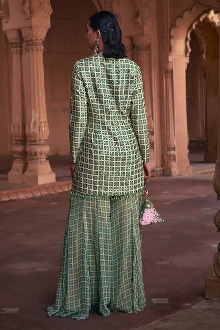 Shop_Diyarajvvir_Green Georgette, Denim Mirrors, Embroidery V-neck Floral Print Jacket Pant Set _at_Aza_Fashions