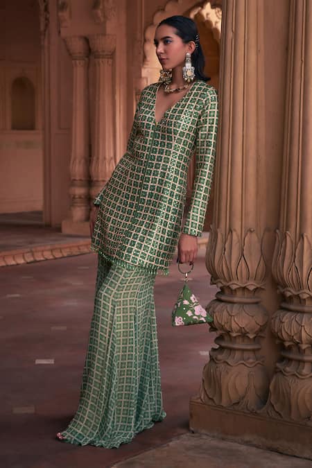 Diyarajvvir_Green Georgette, Denim Mirrors, Embroidery V-neck Floral Print Jacket Pant Set _Online_at_Aza_Fashions