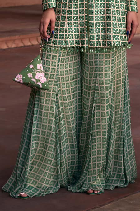 Buy_Diyarajvvir_Green Georgette, Denim Mirrors, Embroidery V-neck Floral Print Jacket Pant Set _Online_at_Aza_Fashions