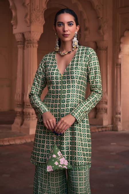 Shop_Diyarajvvir_Green Georgette, Denim Mirrors, Embroidery V-neck Floral Print Jacket Pant Set _Online_at_Aza_Fashions