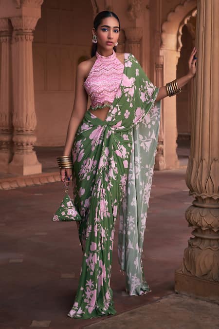 DiyaRajvvir Green Tulle Printed Floral Halter Pre-draped Saree With Blouse