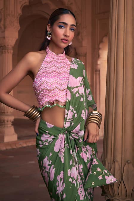 Diyarajvvir Green Tulle, Crepe Beads, Sequins Floral Print Pre-draped Saree With Blouse Online at Aza Fashions Diyarajvvir_Green Tulle, Crepe Beads, Sequins Floral Print Pre-draped Saree With Blouse _Online_at_Aza_Fashions