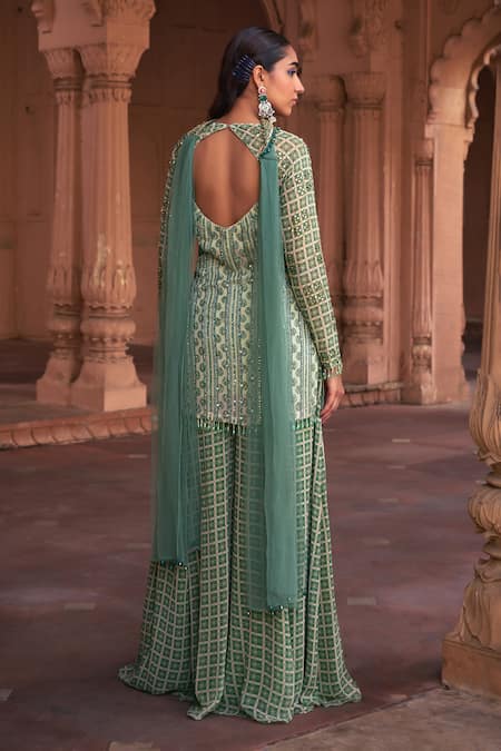 Shop_Diyarajvvir_Green Tulle, Georgette Sequins, Embroidery Grid And Floral Print Kurta Sharara Set _at_Aza_Fashions