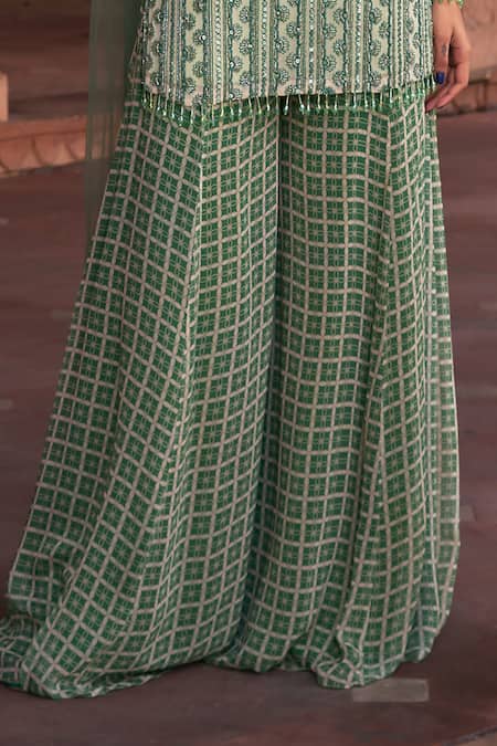 Diyarajvvir_Green Tulle, Georgette Sequins, Embroidery Grid And Floral Print Kurta Sharara Set _Online_at_Aza_Fashions