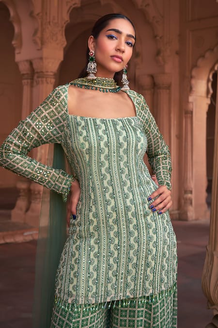 Buy_Diyarajvvir_Green Tulle, Georgette Sequins, Embroidery Grid And Floral Print Kurta Sharara Set _Online_at_Aza_Fashions
