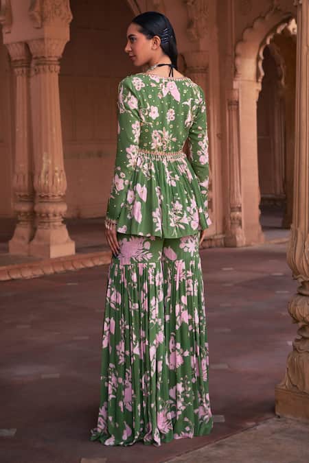 Diyarajvvir Floral Print Peplum Top & Gharara Set 