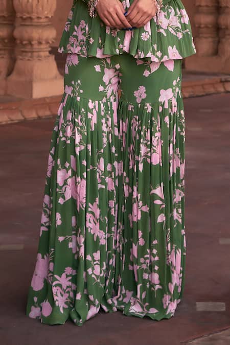 Diyarajvvir_Green Crepe, Linen Embroidery, Sequins Floral Print Peplum Top And Gharara Set _Online_at_Aza_Fashions