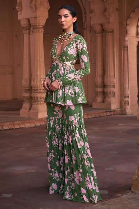 Buy_Diyarajvvir_Green Crepe, Linen Embroidery, Sequins Floral Print Peplum Top And Gharara Set _Online_at_Aza_Fashions