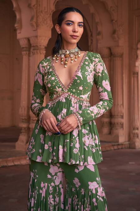 Shop_Diyarajvvir_Green Crepe, Linen Embroidery, Sequins Floral Print Peplum Top And Gharara Set _Online_at_Aza_Fashions
